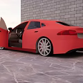 Pink Sedan Car With Open Doors Against Gray Brick Wall On Stone Floor