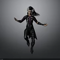 3D Female Fantasy Warrior With White Long Hair Dark Purple Armor Dynamic Pose Gray Background