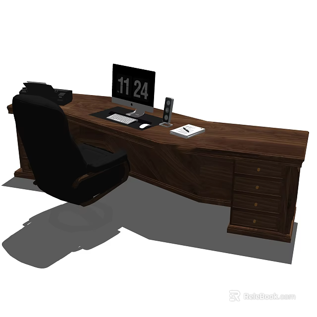 Elegant Wooden Office Desk With Computer Monitor Keyboard Notebook Drawers And Black Chair 3d model 