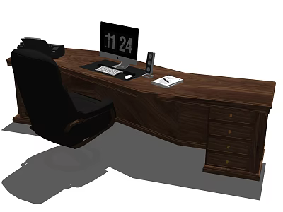 Elegant Wooden Office Desk With Computer Monitor Keyboard Notebook Drawers And Black Chair 3d model