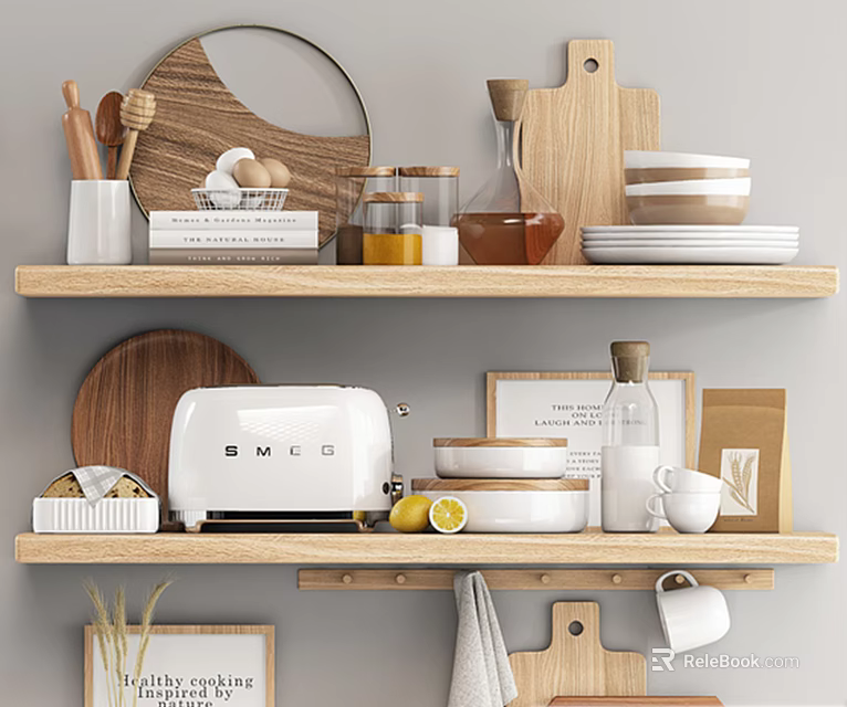 Modern Wooden Kitchen Shelves With Utensils Bowls Toaster Mugs Plates And Jars 3d model 