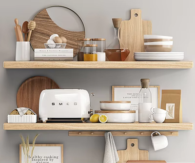 Modern Wooden Kitchen Shelves With Utensils Bowls Toaster Mugs Plates And Jars 3d model