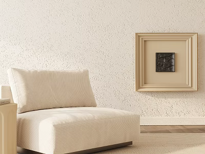 Beige Single Sofa With Cushion Against Textured Wall And Beige Framed Painting 3d model