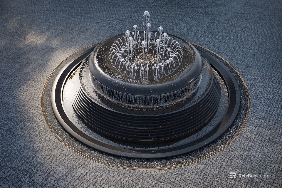 Circular Multi Tiered Water Fountain With Top Water Jets On Gray Paved Ground 3d model 