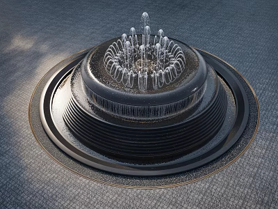 Circular Multi Tiered Water Fountain With Top Water Jets On Gray Paved Ground 3d model