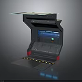 Futuristic Console Workstation With Transparent Top Blue Lighting Display Screen And Warning Stripes