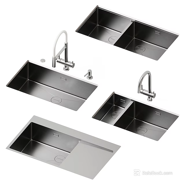 Stainless Steel Kitchen Sinks With Various Designs Single Double Bowl And Faucet 3d model 