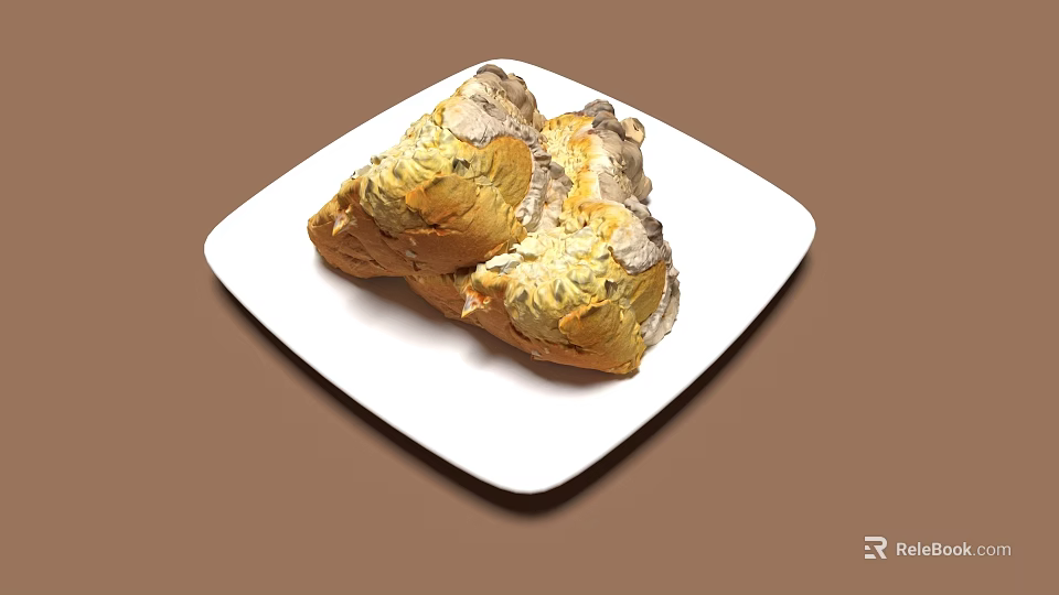 Fresh Artisan Bread Loaf Served On White Plate Over Brown Background 3d model 