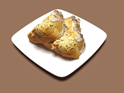 Fresh Artisan Bread Loaf Served On White Plate Over Brown Background 3d model