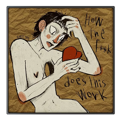 Nude Figure Drawing With Short Hair Holding Red Heart And Hand On Head 3d model