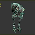 Rusty Metal Robot With Four Mechanical Legs And Yellow Head Light