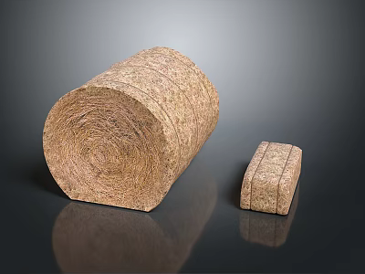 Large Cylindrical Hay Bale And Small Rectangular Straw Block On Dark Background With Reflection 3d model
