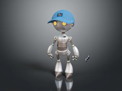Game Movie Robot Character With Blue Cap Yellow Eyes Silver Metallic Body And Small Part 3d model