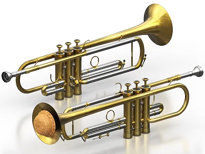 Two Golden Brass Trumpets Musical Instruments With Vintage Design And Polished Look 3d model