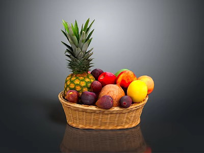 Fresh Mixed Fruits in Woven Basket with Pineapple Apple Orange and Grapes 3d model