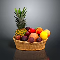Fresh Mixed Fruits in Woven Basket with Pineapple Apple Orange and Grapes