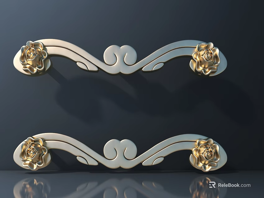 Ornate Door Handles with Gold Rose Decorations and Silver Cloud Patterns 3d model 