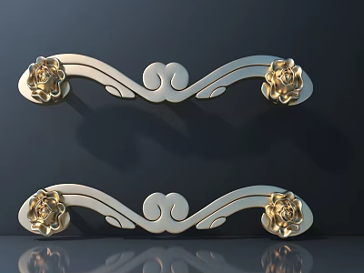 Ornate Door Handles with Gold Rose Decorations and Silver Cloud Patterns 3d model
