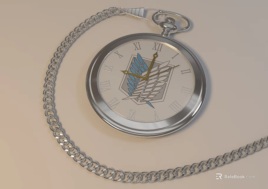 Silver Pocket Watch With Roman Numerals And Blue White Emblem On Chain 3d model 