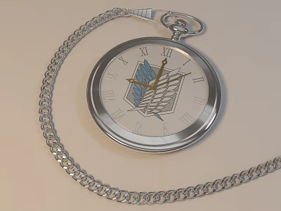 Silver Pocket Watch With Roman Numerals And Blue White Emblem On Chain 3d model