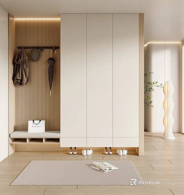 Modern White Shoe Cabinet With Coat Rack Bench And Umbrella In Minimalist Entryway 3d model 