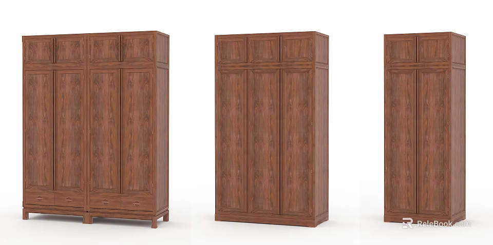 Classic Wooden Brown Wardrobes Three Paneled Door Designs With Wood Grain Finish 3d model 