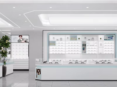 Bright White Optical Store With Eyeglasses Display Shelves Counter And Green Plants 3d model