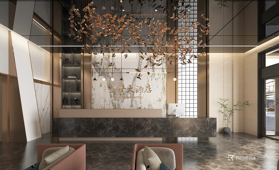 Elegant Hotel Lobby Interior Design With Gold Leaf Chandelier Marble Reception Desk And Green Plants 3d model 