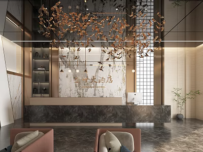 Elegant Hotel Lobby Interior Design With Gold Leaf Chandelier Marble Reception Desk And Green Plants 3d model