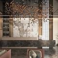 Elegant Hotel Lobby Interior Design With Gold Leaf Chandelier Marble Reception Desk And Green Plants