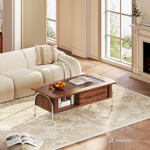 Walnut Wood Coffee Table With Storage Shelf In Living Room With Couch And Rug 3d model 