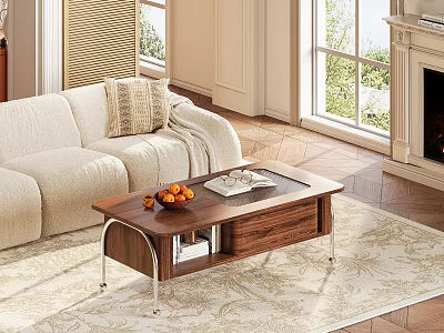 Walnut Wood Coffee Table With Storage Shelf In Living Room With Couch And Rug 3d model