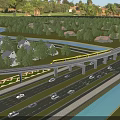 Elevated Bridge with Yellow Train Over Road with Cars Near Trees Houses Under Blue Sky