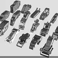Various Black Industrial Equipment Parts and Mechanical Components Arranged on White Background
