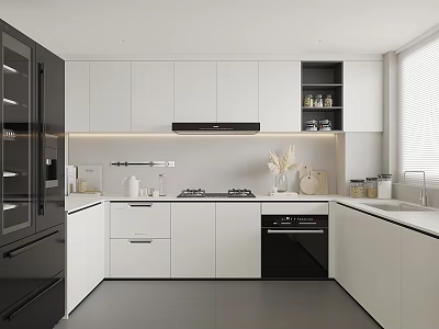 Modern Kitchen Interior Design With White Cabinets Black Appliances And Sleek Countertop 3d model
