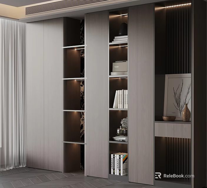 Modern Stylish Bookcase Interior With Open Shelves LED Lighting And Decorative Items 3d model 