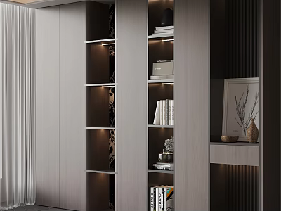 Modern Stylish Bookcase Interior With Open Shelves LED Lighting And Decorative Items 3d model