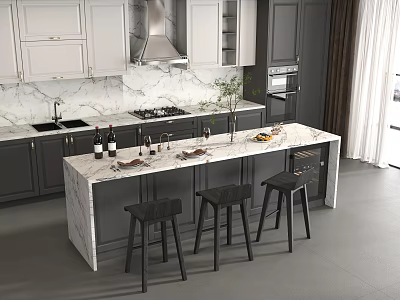 Modern Kitchen Bar Counter With Marble Top Black Stools And Wine Bottles 3d model
