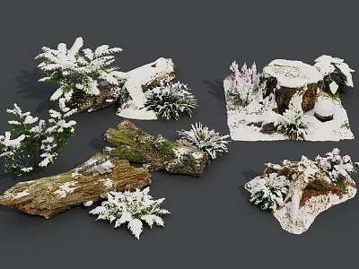 Snow Covered Stone Wood Pieces with Green Plants and Natural Details 3d model