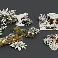 Snow Covered Stone Wood Pieces with Green Plants and Natural Details