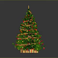 Green Christmas Tree With Star On Top Colorful Ribbons Ornaments And Gift Boxes