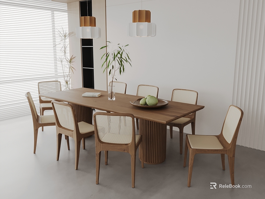 Modern Dining Room with Wooden Table Woven Back Chairs Green Fruit Bowl and Pendant Lights 3d model 