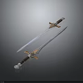 Two Ornate Medieval Swords With Double Edged Metal Blades Leather Wrapped Handles And Decorative Hilts