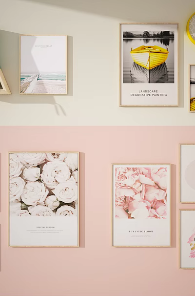 Creative Photo Wall Design With Mixed Frames Floral Prints Typography And Decor Accents 3d model