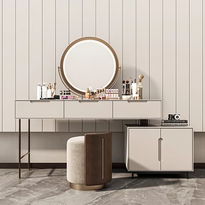 Modern Dressing Table Interior With Round Mirror Cosmetics Skincare Products Stool And Cabinet 3d model