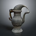 Traditional Metal Ewer With Carved Patterns Curved Spout Handle And Pierced Base