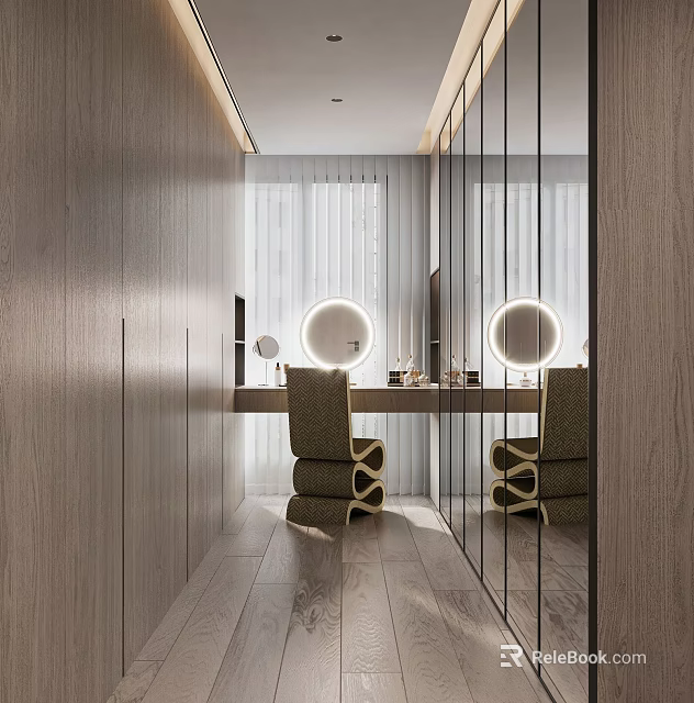 Modern Walk-in Closet Interior with Wooden Walls Round Mirrors and Dressing Table Chairs 3d model 