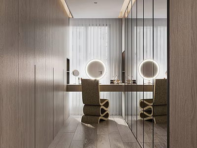 Modern Walk-in Closet Interior with Wooden Walls Round Mirrors and Dressing Table Chairs 3d model