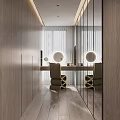 Modern Walk-in Closet Interior with Wooden Walls Round Mirrors and Dressing Table Chairs