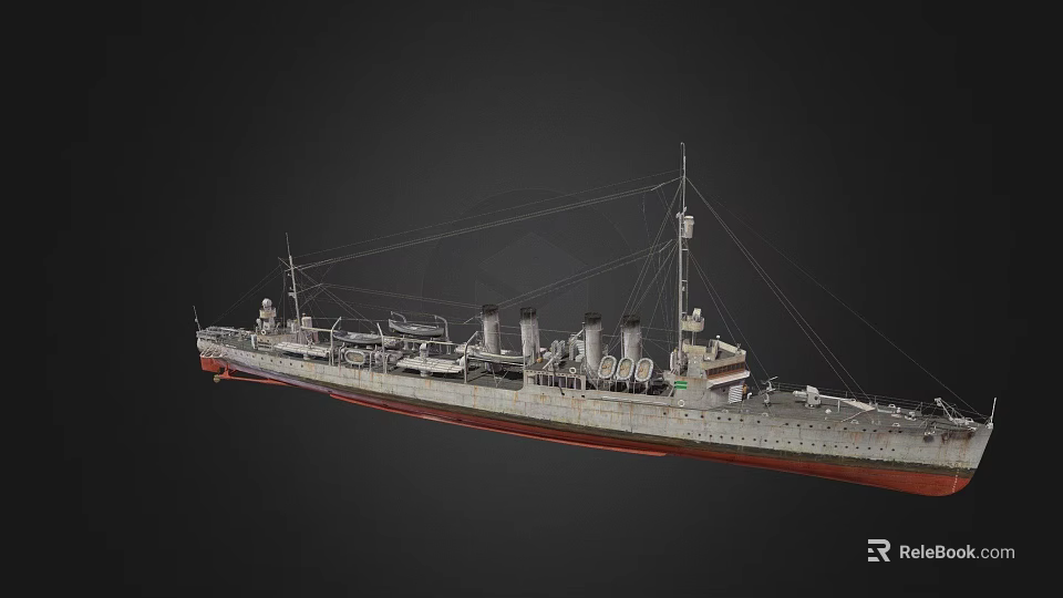 Detailed Warship Model Featuring Three Smokestacks Tall Masts And Deck Structures 3d model